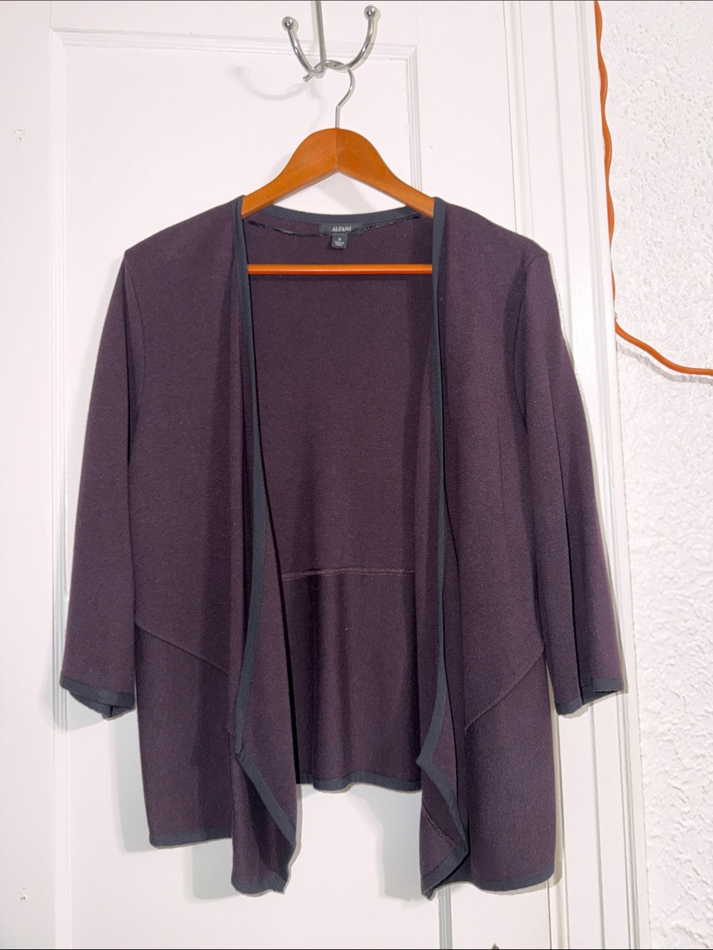 Alfani Open-Front Draped Cardigan in Dusty Purple with Dark Trim